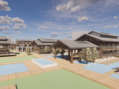 Traditional Guesthouse Architecture with Courtyards Ponds Trees Wooden Decks and Green Lawns 3d model