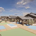 Traditional Guesthouse Architecture with Courtyards Ponds Trees Wooden Decks and Green Lawns