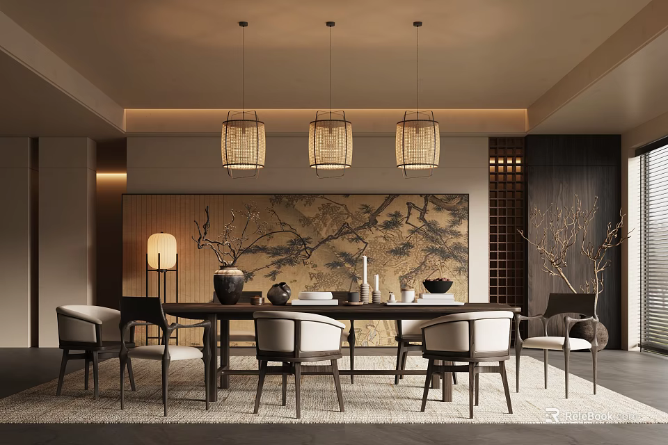 Traditional Restaurant Interior With Dining Table Chairs Pendant Lights And Decorative Painting 3d model 