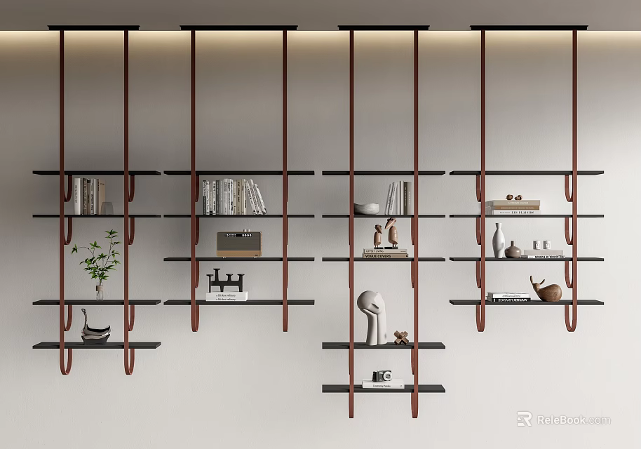 Modern Wall Mounted Floating Shelves Displaying Books Decorative Items And Plants 3d model