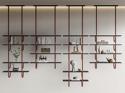 Modern Wall Mounted Floating Shelves Displaying Books Decorative Items And Plants 3d model
