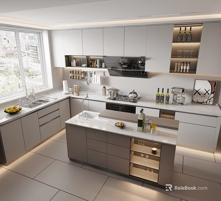 Contemporary White Kitchen Interior Featuring Central Island Counter And Cabinet Storage 3d model 