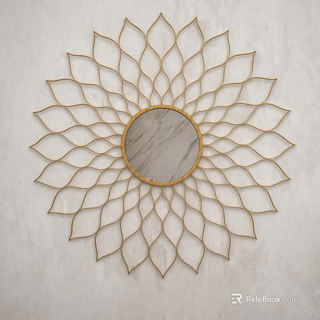 Gold Flower Shaped Decorative Mirror with Marble Center on Light Wall 3d model