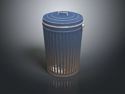 Metallic Ribbed Trash Can With Secure Lid And Reflective Base Surface Design 3d model