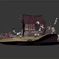 Cartoon Countryside Scene with Cottage Red Roof Windmill Sheep and Wooden Barrels