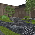 Traditional Karesansui Garden Design With Raked Gravel Stones Pine Trees And Stone Lanterns