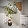 Bamboo Bonsai Plant in Clay Pot Decorating White Room with Grid Window and Greenery Outside