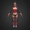 Detailed Female Character in Red Black Outfit with Long Coat Boots and Stockings Three Angles