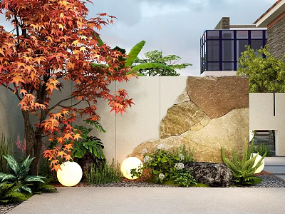 Garden Landscape Design With Red Maple Tree White Wall Rock Round Lights And Green Plants 3d model