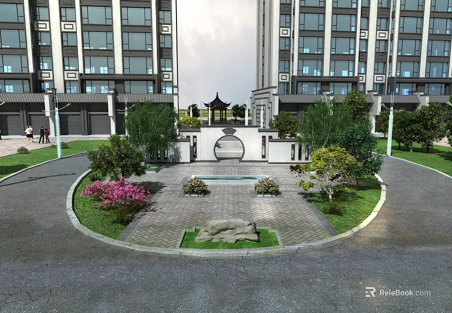 Serene Garden Landscape with Circular Design Pavilion Archway Flowers Trees Stone High Rise Buildings Background 3d model 