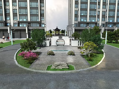 Serene Garden Landscape with Circular Design Pavilion Archway Flowers Trees Stone High Rise Buildings Background 3d model