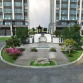 Serene Garden Landscape with Circular Design Pavilion Archway Flowers Trees Stone High Rise Buildings Background
