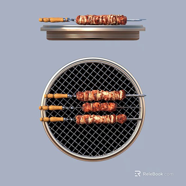 Juicy Grilled Meat Skewers On Round Metal Mesh Grill With Wooden Handles 3d model 