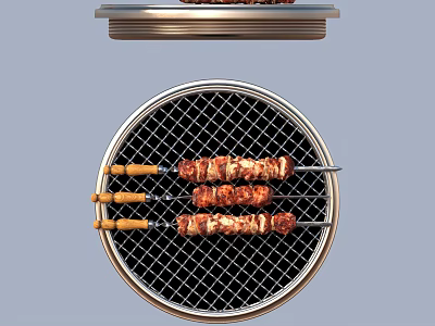 Juicy Grilled Meat Skewers On Round Metal Mesh Grill With Wooden Handles 3d model