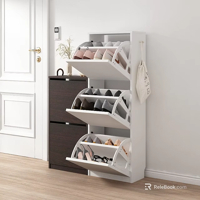 White Multi Tiered Shoe Cabinet With Various Shoes In Entryway Hallway 3d model 