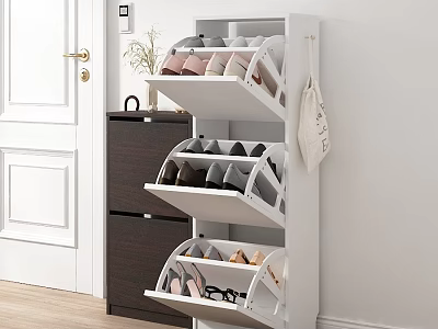 White Multi Tiered Shoe Cabinet With Various Shoes In Entryway Hallway 3d model