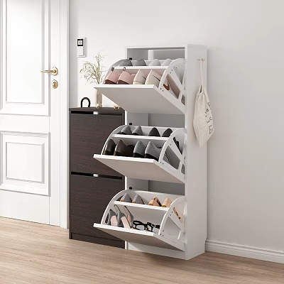 White Multi Tiered Shoe Cabinet With Various Shoes In Entryway Hallway 3d model