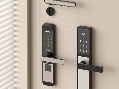 Modern Smart Door Lock Handles With Digital Keypad On Beige Door Surface 3d model