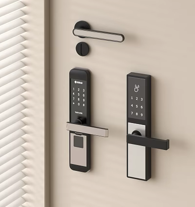 Modern Smart Door Lock Handles With Digital Keypad On Beige Door Surface 3d model