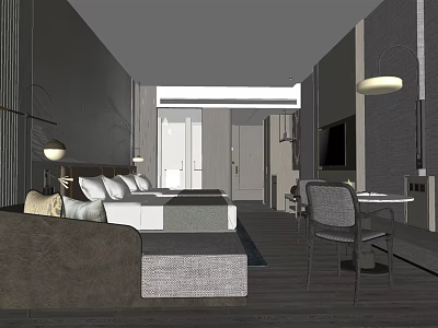 Modern Hotel Room Interior With Comfortable Bed Sofa TV And Table Chairs 3d model