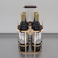 Two Elegant Wine Bottles in Gold Metal Rack with Brown Leather Handle and Château Labels