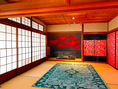 Traditional Japanese Tatami Mat With Green Patterned Area Rug For Living Space 3d model