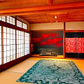 Traditional Japanese Tatami Mat With Green Patterned Area Rug For Living Space