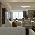 Modern Living Dining Room Interior With White Sofas Coffee Table Plants And Bar Counter