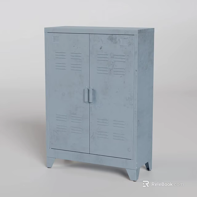 Light Blue Metal Storage Cabinet with Double Doors and Patterned Front Panels on Legs 3d model 