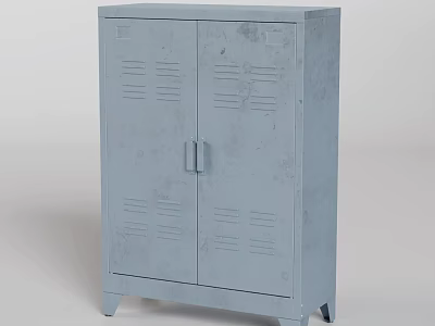 Light Blue Metal Storage Cabinet with Double Doors and Patterned Front Panels on Legs 3d model