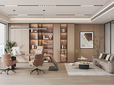 Modern Office Interior Design With Wooden Desk Chairs Bookshelves And Sofa 3d model