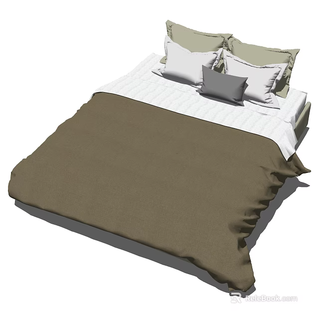 Cozy Double Bed with Brown Comforter White Bedspread and Multiple Pillows 3d model