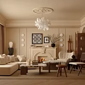 Beige Living Room Interior With Chandelier Fireplace Sofa Coffee Table And Decorative Painting