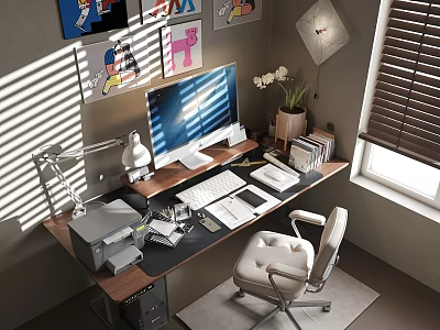 Modern Home Office Workspace Desk And Chair Set With Computer Printer Lamp And Decorative Paintings 3d model