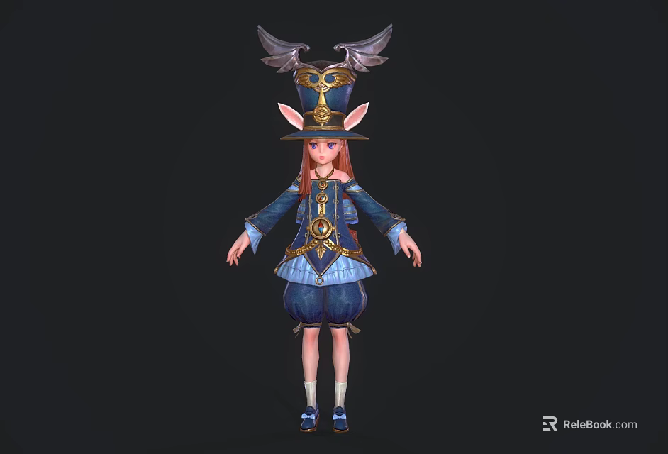 Woman With Winged Hat And Elf Ears In Blue And White Outfit With Golden Details 3d model 