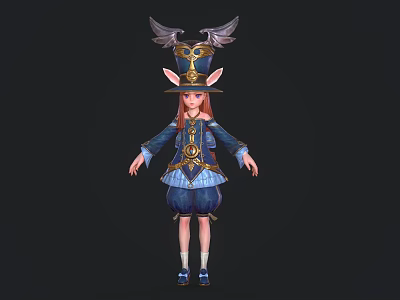 Woman With Winged Hat And Elf Ears In Blue And White Outfit With Golden Details 3d model