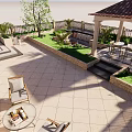 Garden Landscape With Lawn Trees Stone Paving And Outdoor Seating Area