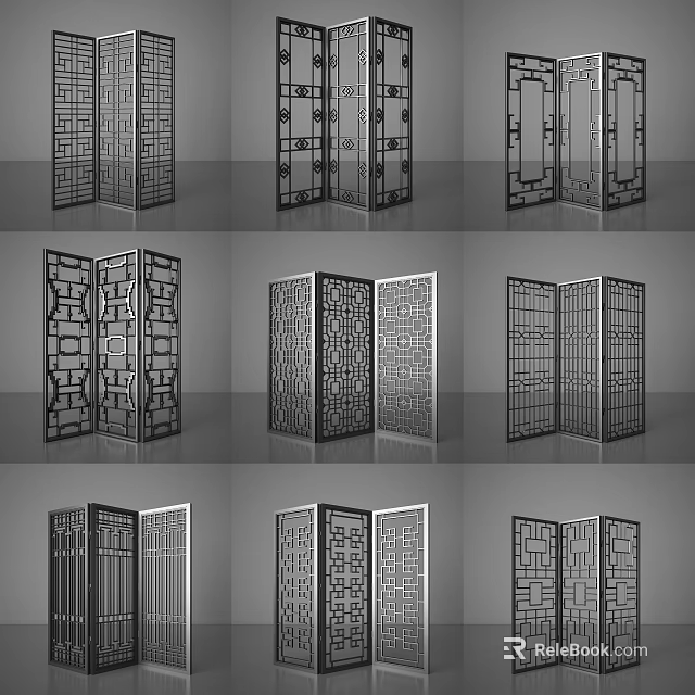 Modern Multi Panel Room Dividers With Intricate Geometric Cut Out Patterns 3d model