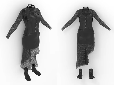 Black Leather Corset Style Dresses With Long Sleeves Lace Trim Asymmetrical Hem And Boots 3d model