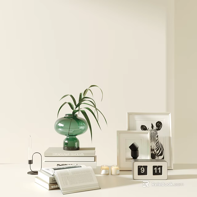 Modern Decorative Ornament Set With Green Vase Plant Books Photo Frames Candles And Calendar 3d model 