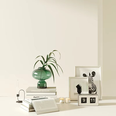 Modern Decorative Ornament Set With Green Vase Plant Books Photo Frames Candles And Calendar 3d model