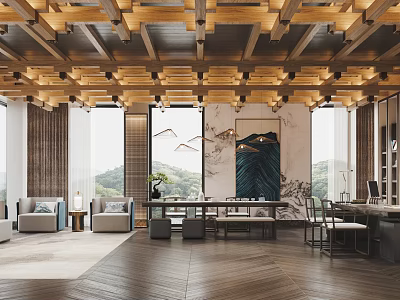 Modern Chinese Office With Wooden Ceiling Landscape Painting Large Windows And Office Furniture 3d model