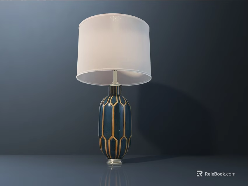 Elegant Table Lamp With White Lampshade Blue Base And Gold Stripes Design 3d model 