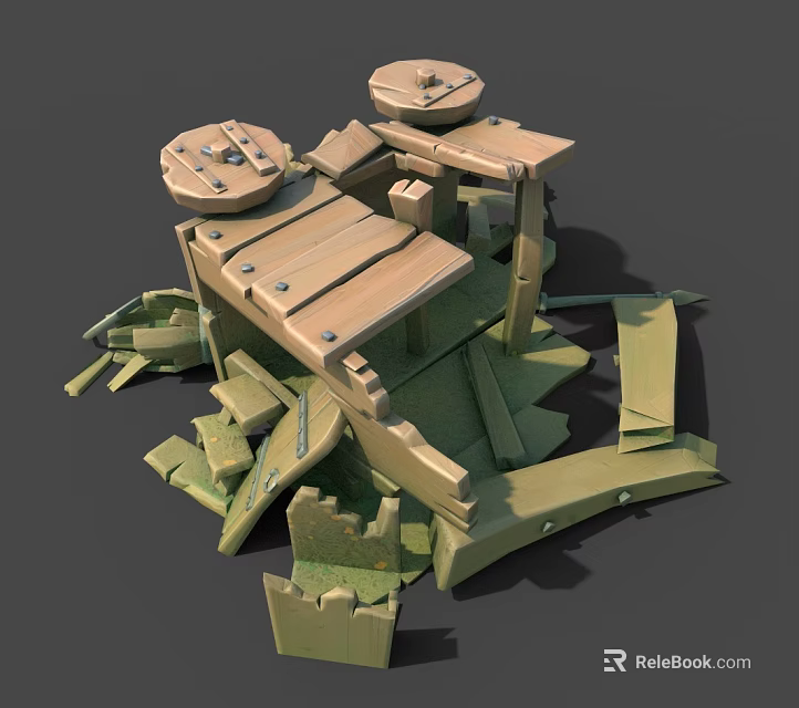 Old Collapsed Wooden Structure With Broken Planks Wheels And Scattered Debris 3d model