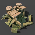 Old Collapsed Wooden Structure With Broken Planks Wheels And Scattered Debris 3d model