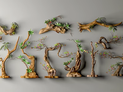 Unique Shaped Bonsai Plants With Green Leaves And Red Fruits On 3d model