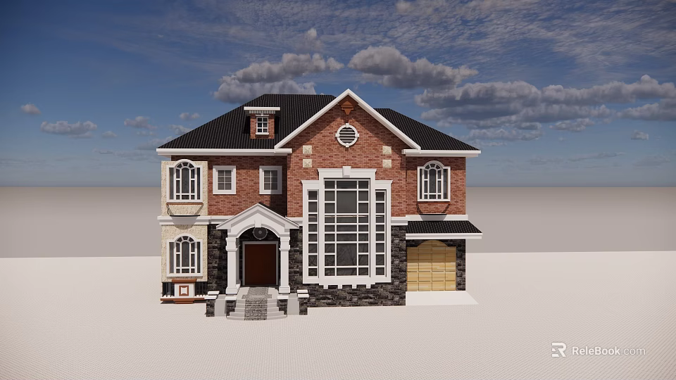 Two Story Detached Villa With Red Brick Exterior Large Windows Black Roof And Garage 3d model 