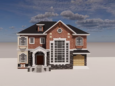 Two Story Detached Villa With Red Brick Exterior Large Windows Black Roof And Garage 3d model