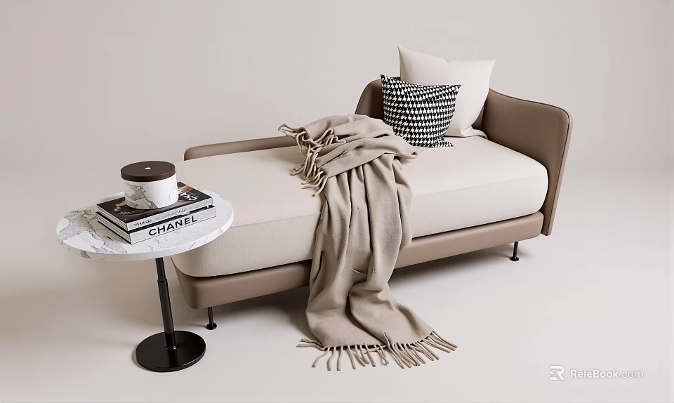 Beige Chaise Lounge With Geometric Pillow Cozy Blanket And Side Table With Books 3d model 