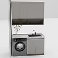 Modern Bathroom Cabinet With Wall Cabinet Shelf Green Plant Washing Machine And Sink